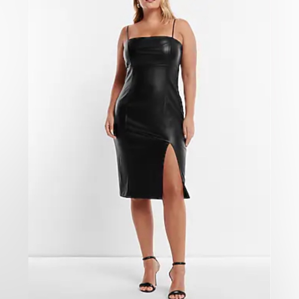 🆕PINK LILY BODY CONTOUR FAUX LEATHER CAMI MIDI BLACK DRESS